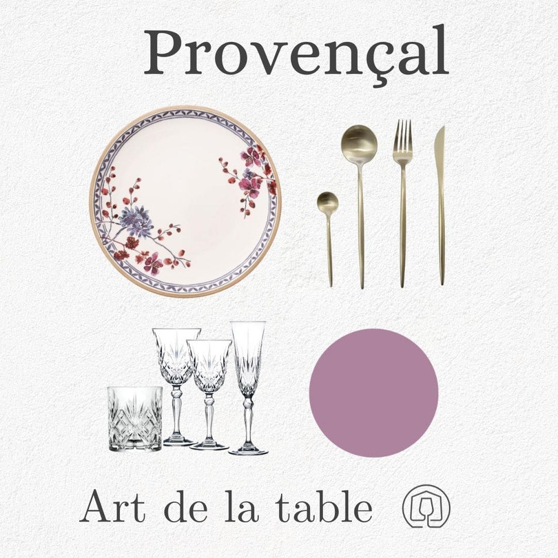 location assiette provençale, lavande, couverts champagne, verre vintage